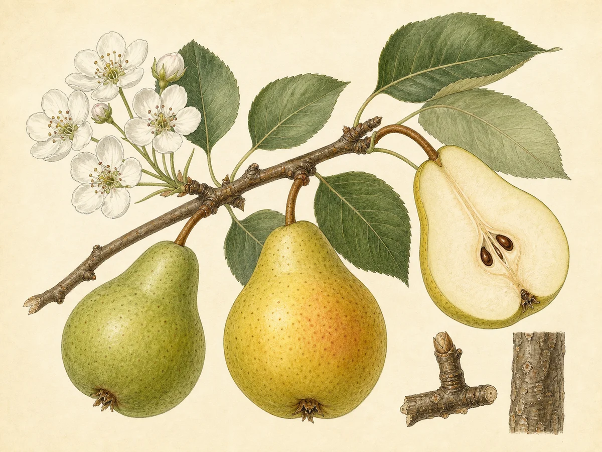 Prancha botânica complementar de Pereira ‘Marmela’ (Pyrus communis L. ‘Marmela’) com caracteres de identificação e ciclo de vida