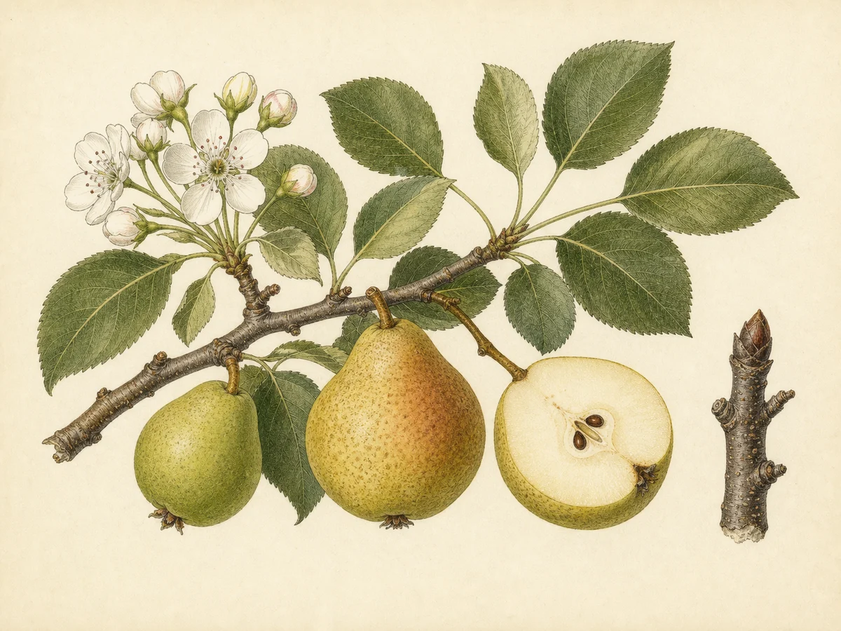 Prancha botânica complementar de Pereira ‘Marquezinha’ (Pyrus communis L. ‘Marquezinha’) com caracteres de identificação e ciclo de vida