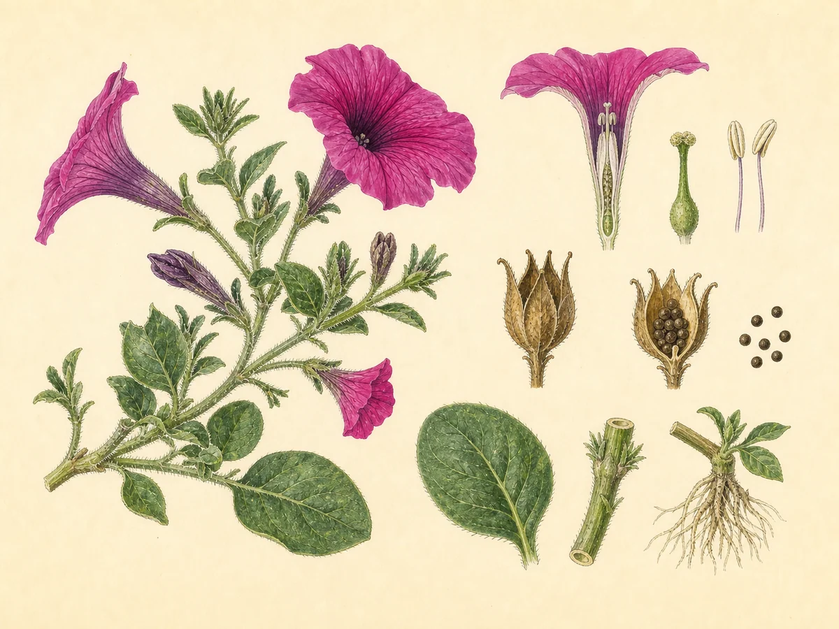 Prancha botânica complementar de Petúnia (Petunia × atkinsiana) com caracteres de identificação e ciclo de vida