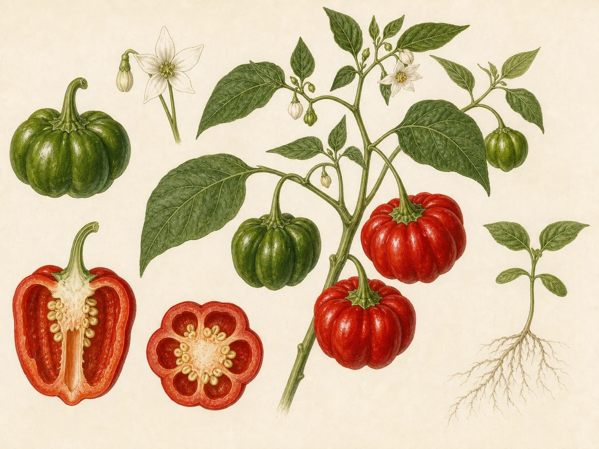 Prancha botânica complementar de Pimento de Sabugal (Capsicum annuum 'De Sabugal') com caracteres de identificação e ciclo de vida