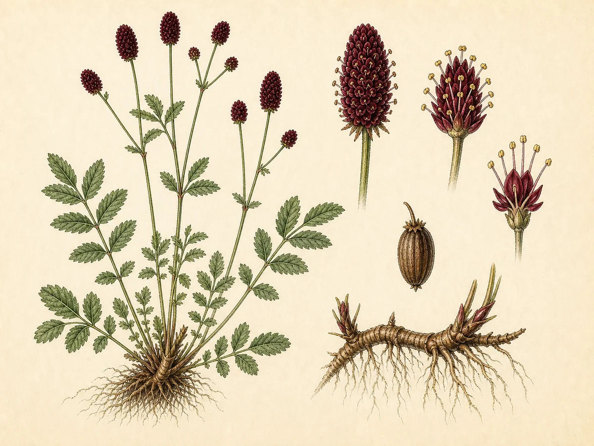 Prancha botânica complementar de Pimpinela-maior (Sanguisorba officinalis) com caracteres de identificação e ciclo de vida