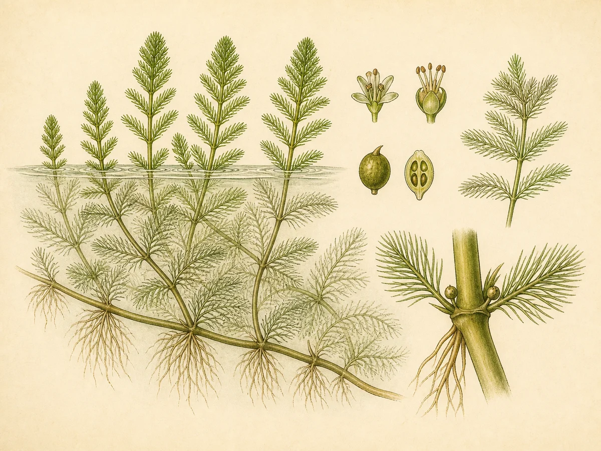 Prancha botânica complementar de Pinheirinha-de-água — não plantar (Myriophyllum aquaticum) com caracteres de identificação e ciclo de vida