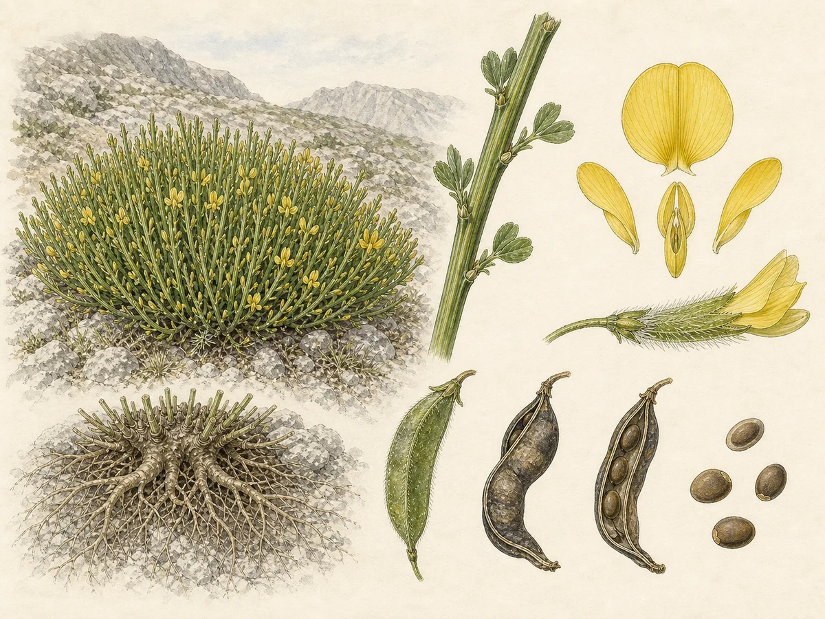 Prancha botânica complementar de Piorno-da-Estrela (Cytisus oromediterraneus) com caracteres de identificação e ciclo de vida