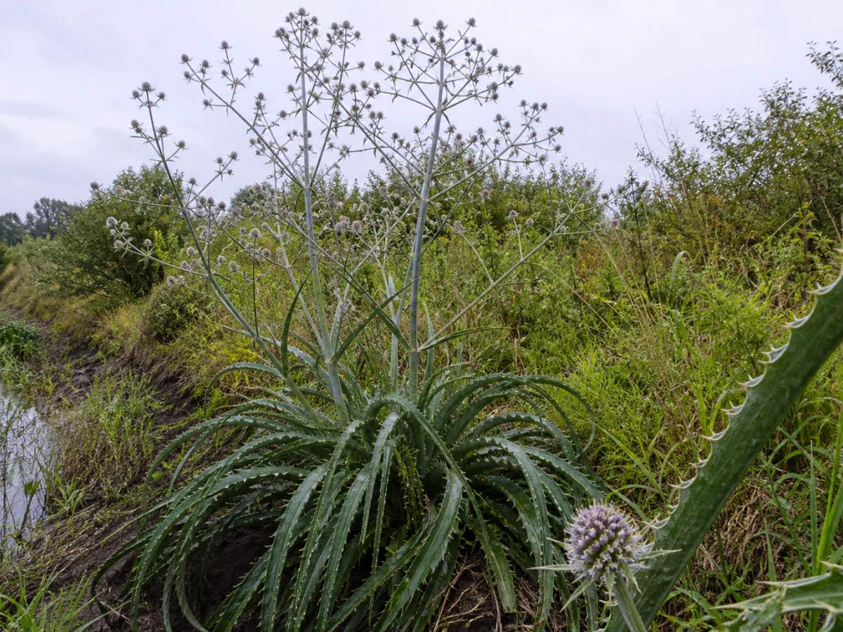 Prancha botânica complementar de Piteirão — não plantar (Eryngium pandanifolium) com caracteres de identificação e ciclo de vida