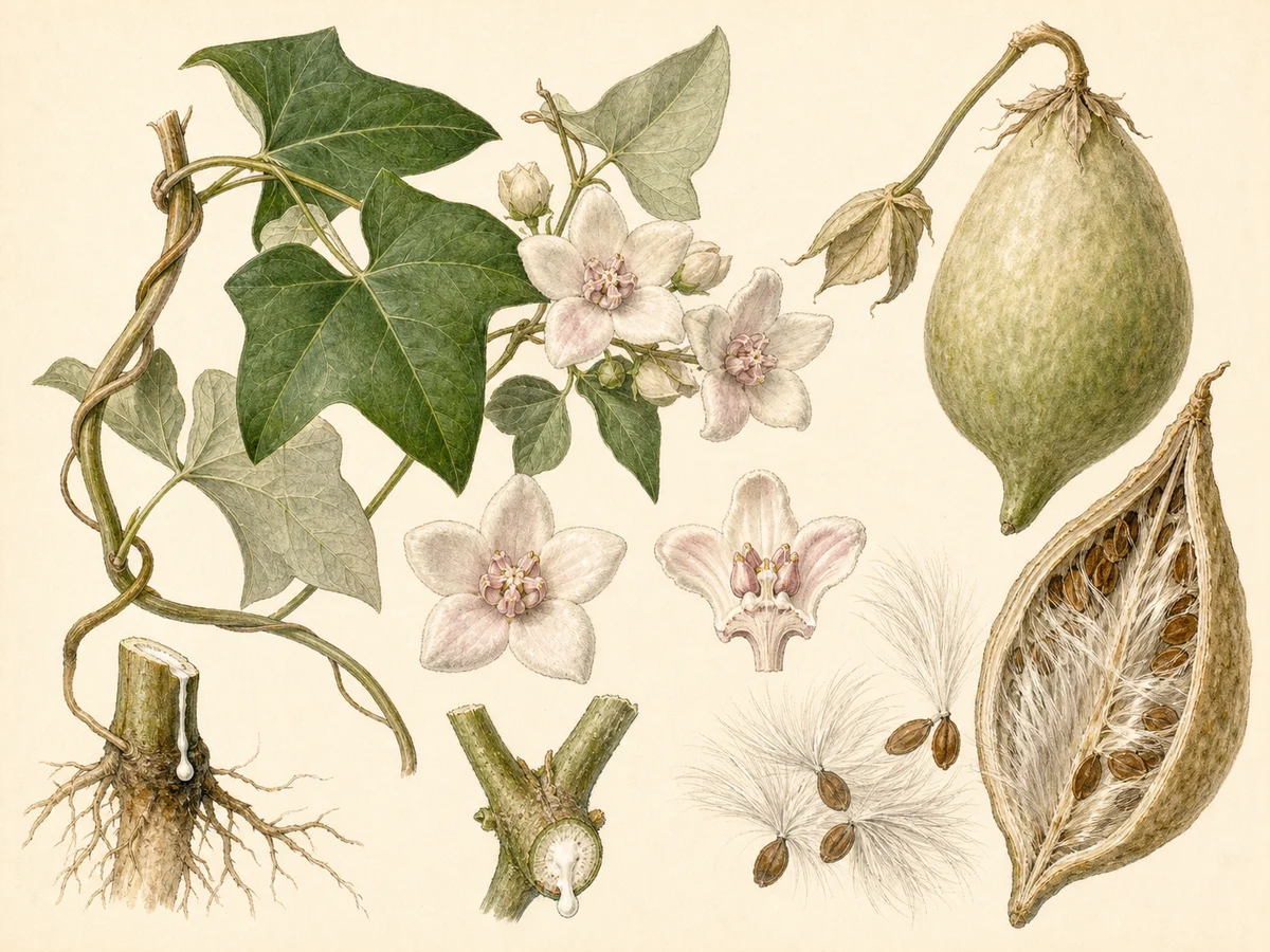 Prancha botânica complementar de Planta-cruel (Araujia sericifera) com caracteres de identificação e ciclo de vida