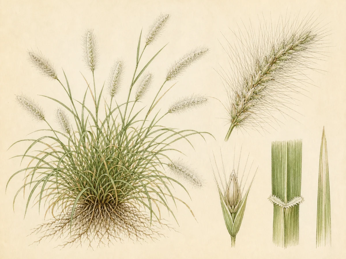 Prancha botânica complementar de Plumas-de-seda — não plantar (Pennisetum villosum) com caracteres de identificação e ciclo de vida