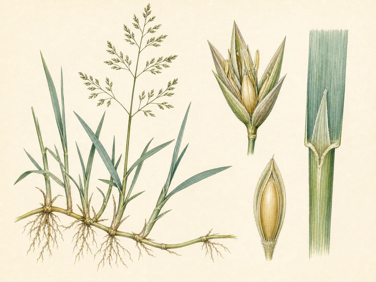 Prancha botânica complementar de Poa-trivial (Poa trivialis) com caracteres de identificação e ciclo de vida
