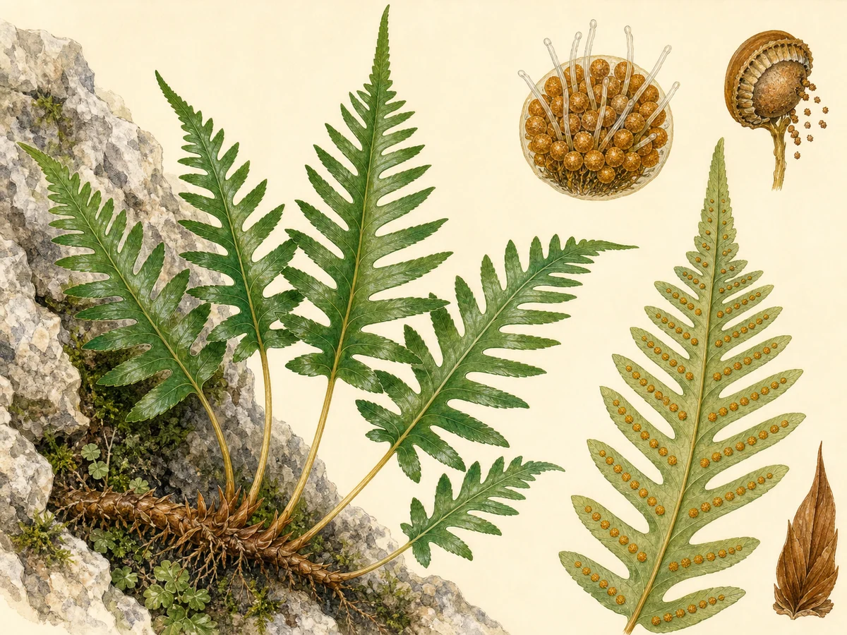 Prancha botânica complementar de Polipódio-do-sul (Polypodium cambricum subsp. cambricum) com caracteres de identificação e ciclo de vida