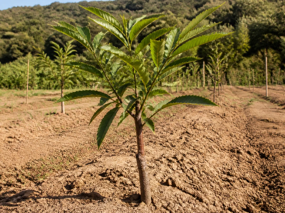 Prancha botânica complementar de Porta-enxerto de castanheiro ‘Castanea SC 55’ (Castanea spp. ‘Castanea SC 55’) com caracteres de identificação e ciclo de vida