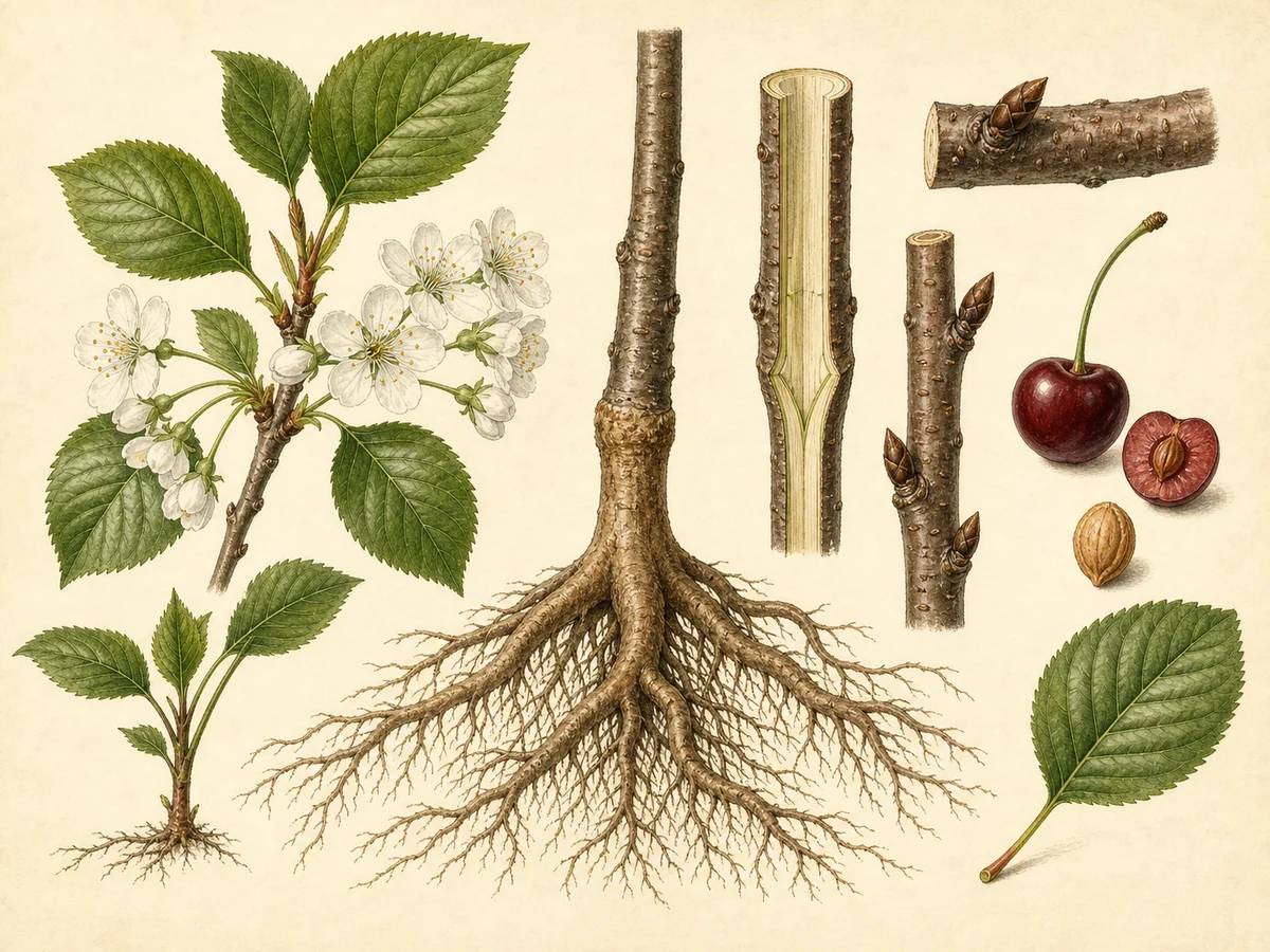 Prancha botânica complementar de Porta-enxerto Colt (Prunus avium × Prunus pseudocerasus 'Colt') com caracteres de identificação e ciclo de vida