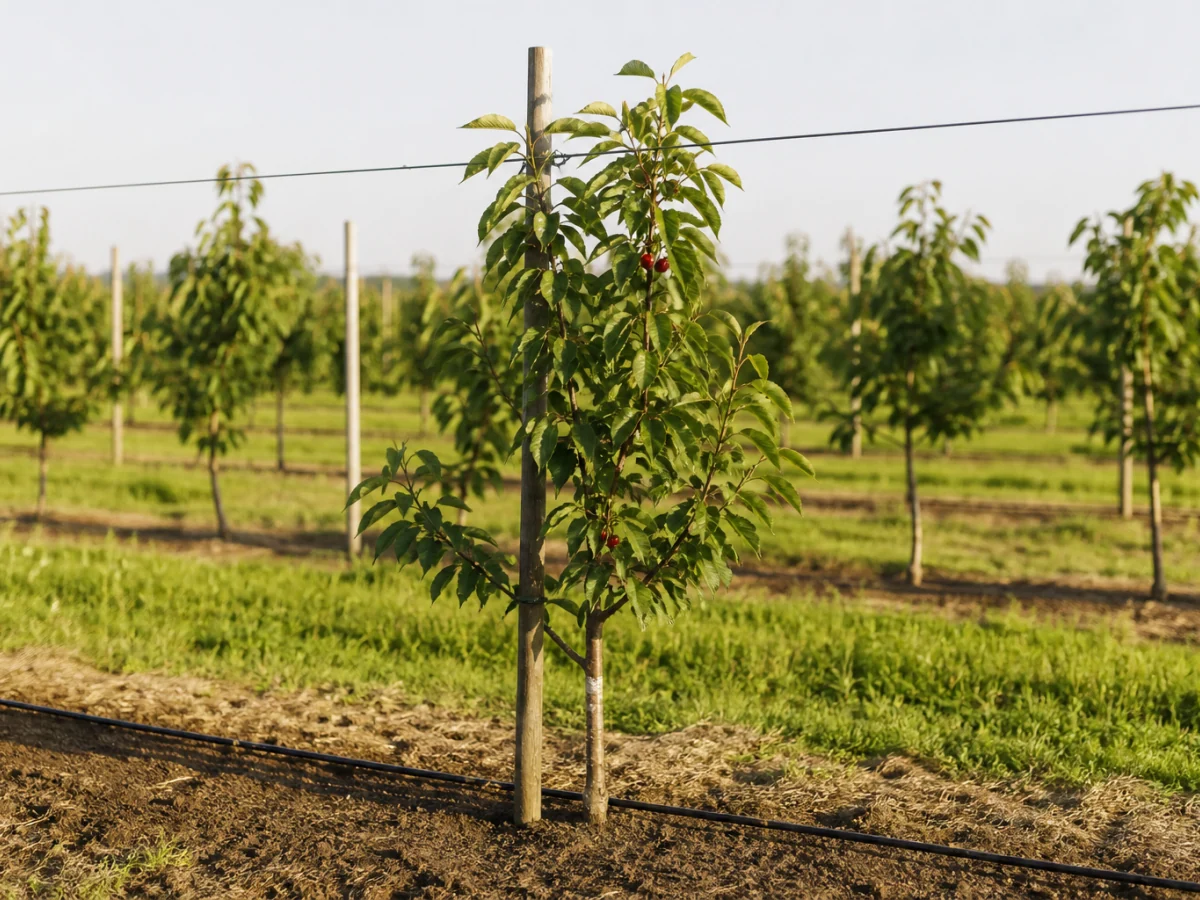 Prancha botânica complementar de Porta-enxerto Gisela 5 (Prunus cerasus × Prunus canescens 'Gisela 5') com caracteres de identificação e ciclo de vida