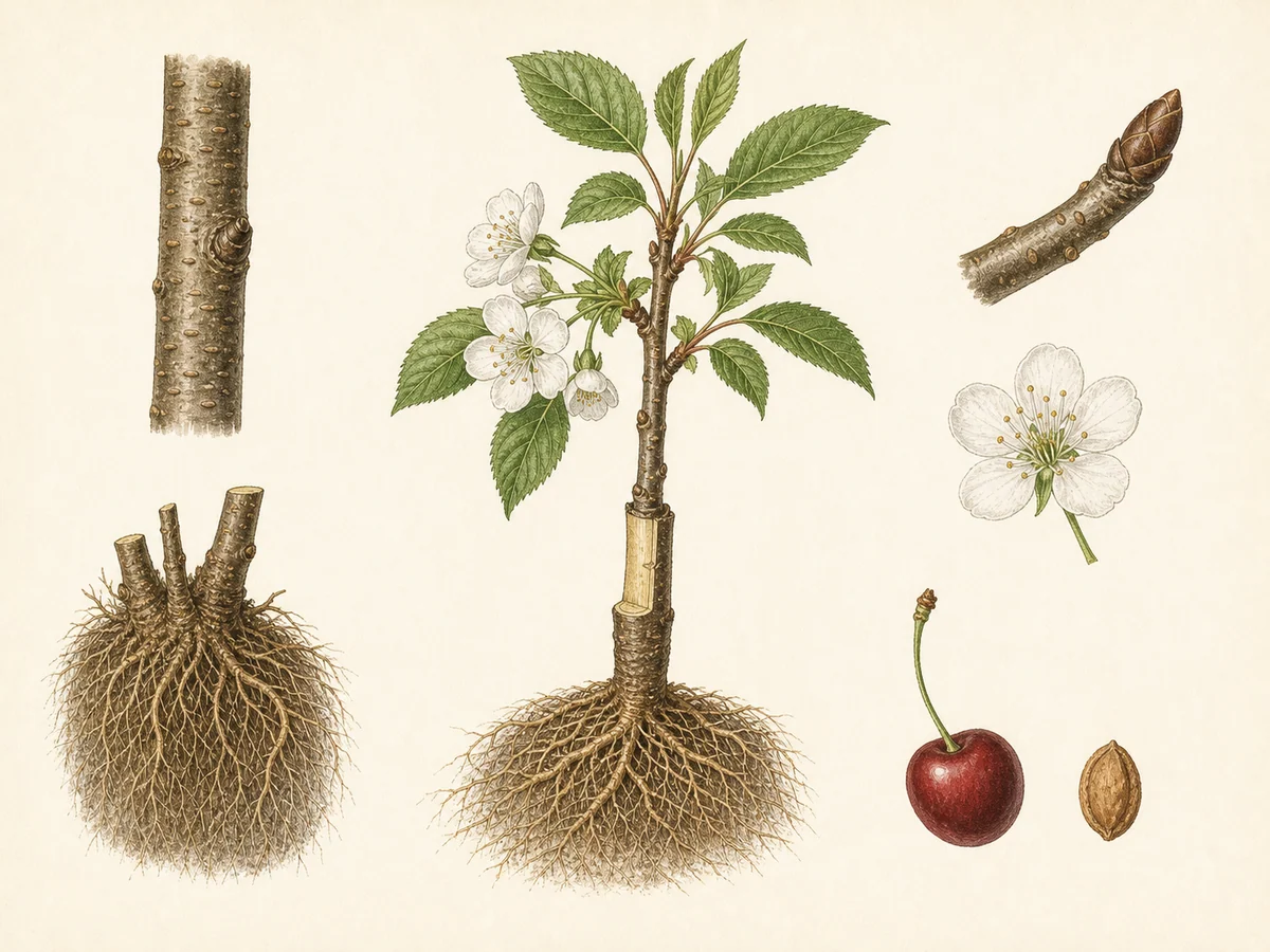 Prancha botânica complementar de Porta-enxerto Gisela 6 (Prunus cerasus × Prunus canescens 'Gisela 6') com caracteres de identificação e ciclo de vida