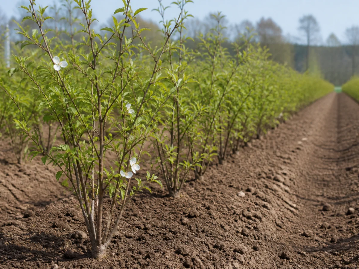 Prancha botânica complementar de Porta-enxerto Krymsk 5 (Prunus fruticosa × Prunus serrulata 'Krymsk 5') com caracteres de identificação e ciclo de vida