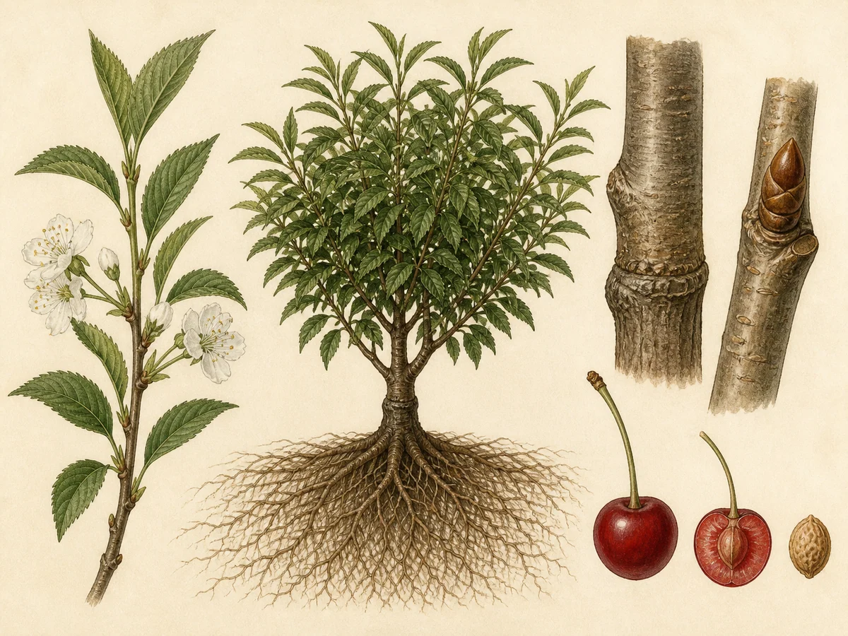 Prancha botânica complementar de Porta-enxerto Krymsk 6 (Prunus cerasus × (Prunus cerasus × Prunus maackii) 'Krymsk 6') com caracteres de identificação e ciclo de vida