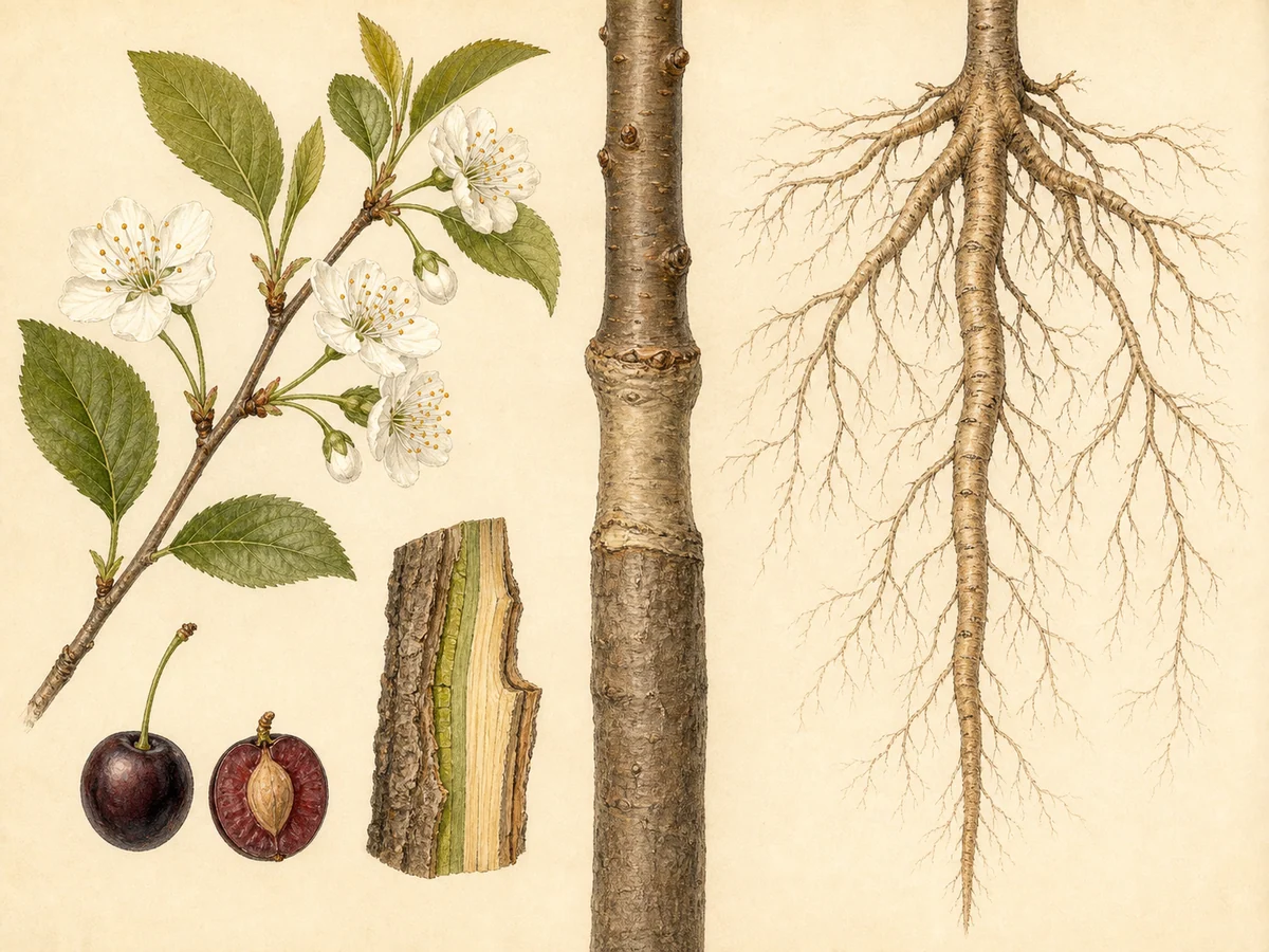 Prancha botânica complementar de Porta-enxerto Mahaleb (Prunus mahaleb 'Porta-enxerto') com caracteres de identificação e ciclo de vida