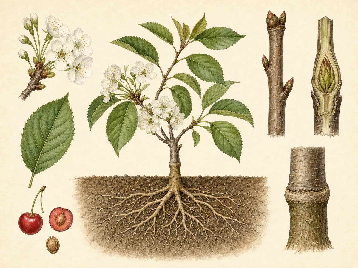 Prancha botânica complementar de Porta-enxerto MaxMa 14 (Prunus avium × Prunus mahaleb 'MaxMa 14') com caracteres de identificação e ciclo de vida