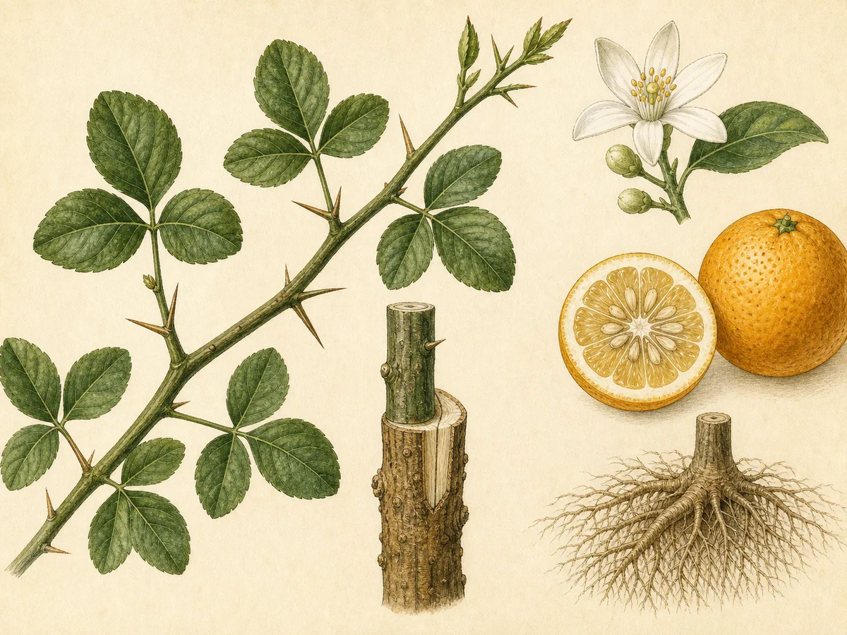 Prancha botânica complementar de Porta-enxerto citrange C-35 (Citrus sinensis × Poncirus trifoliata 'C-35') com caracteres de identificação e ciclo de vida