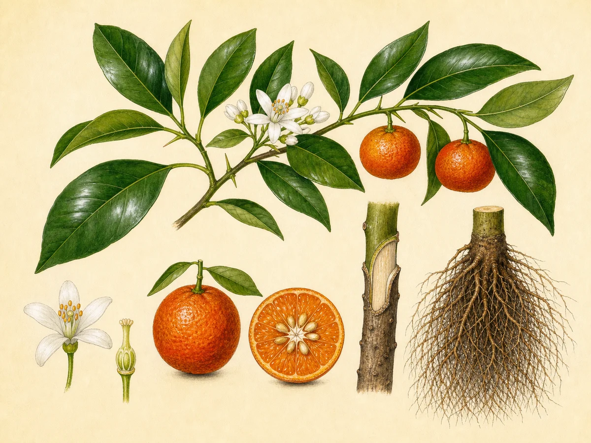 Prancha botânica complementar de Porta-enxerto tangerineira Cleópatra (Citrus × reshni 'Cleopatra') com caracteres de identificação e ciclo de vida