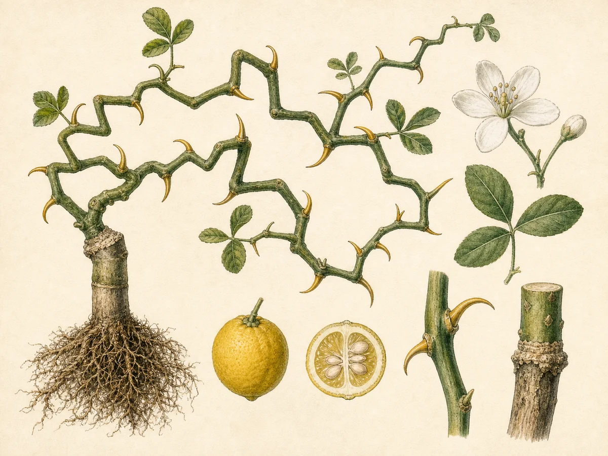 Prancha botânica complementar de Porta-enxerto Flying Dragon (Poncirus trifoliata var. monstrosa 'Flying Dragon') com caracteres de identificação e ciclo de vida