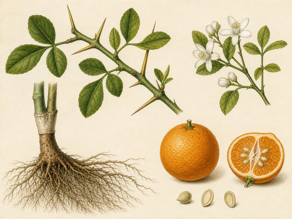 Prancha botânica complementar de Porta-enxerto Forner-Alcaide 13 (Citrus reshni × Poncirus trifoliata 'Forner-Alcaide 13') com caracteres de identificação e ciclo de vida