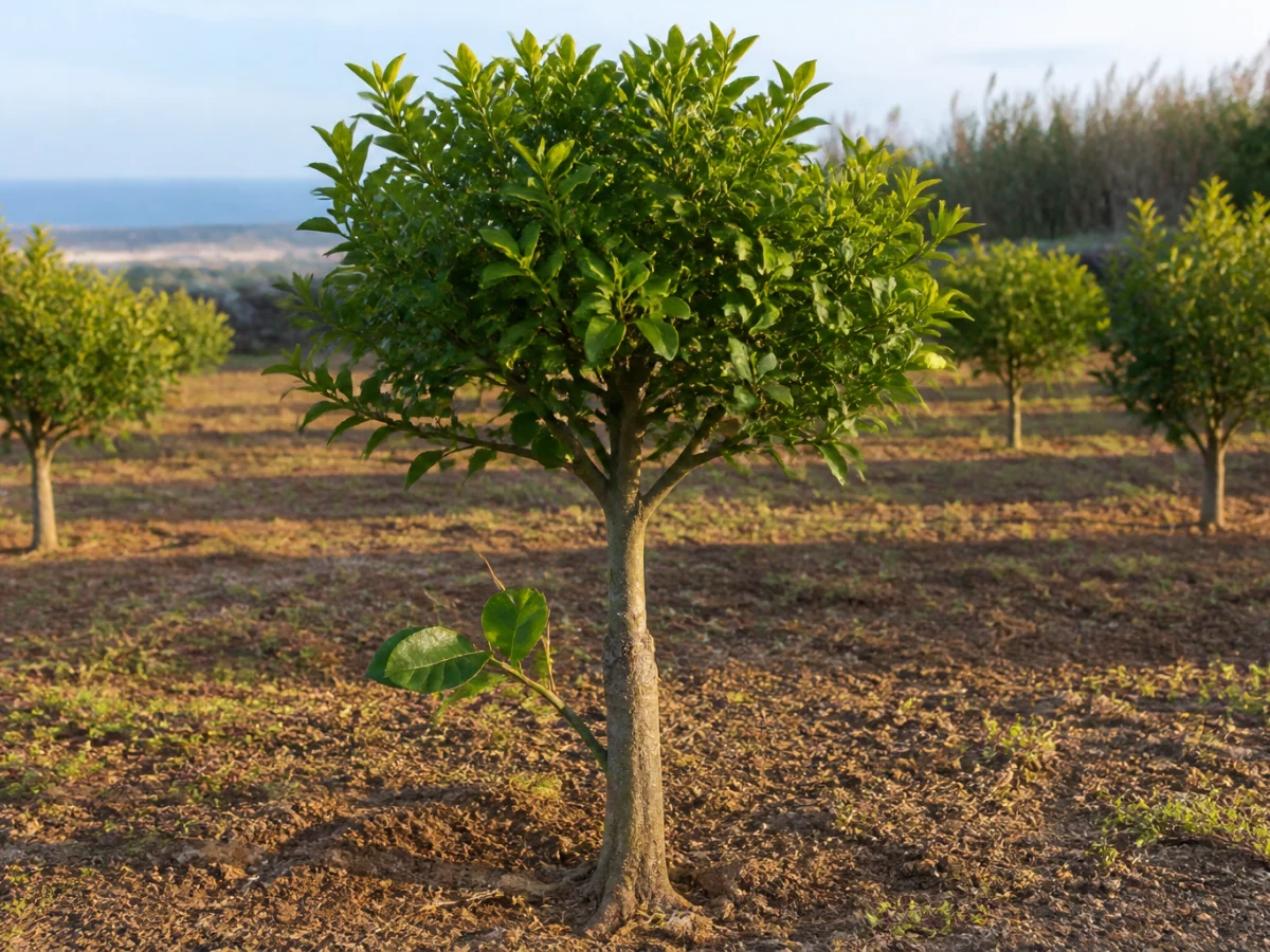 Prancha botânica complementar de Porta-enxerto de citrinos Citrus macrophylla (Citrus × macrophylla (porta-enxerto)) com caracteres de identificação e ciclo de vida