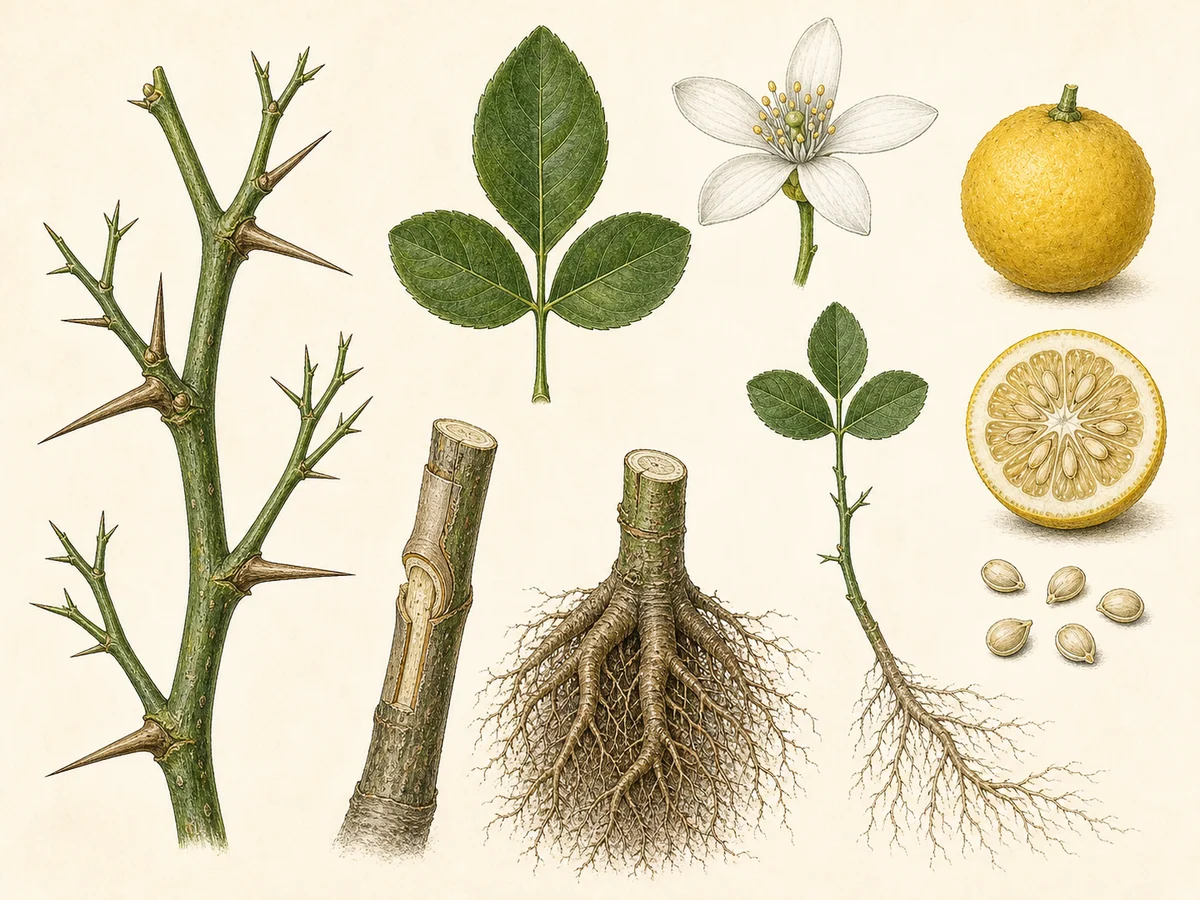 Prancha botânica complementar de Porta-enxerto Poncirus trifoliata (Poncirus trifoliata (uso como porta-enxerto)) com caracteres de identificação e ciclo de vida