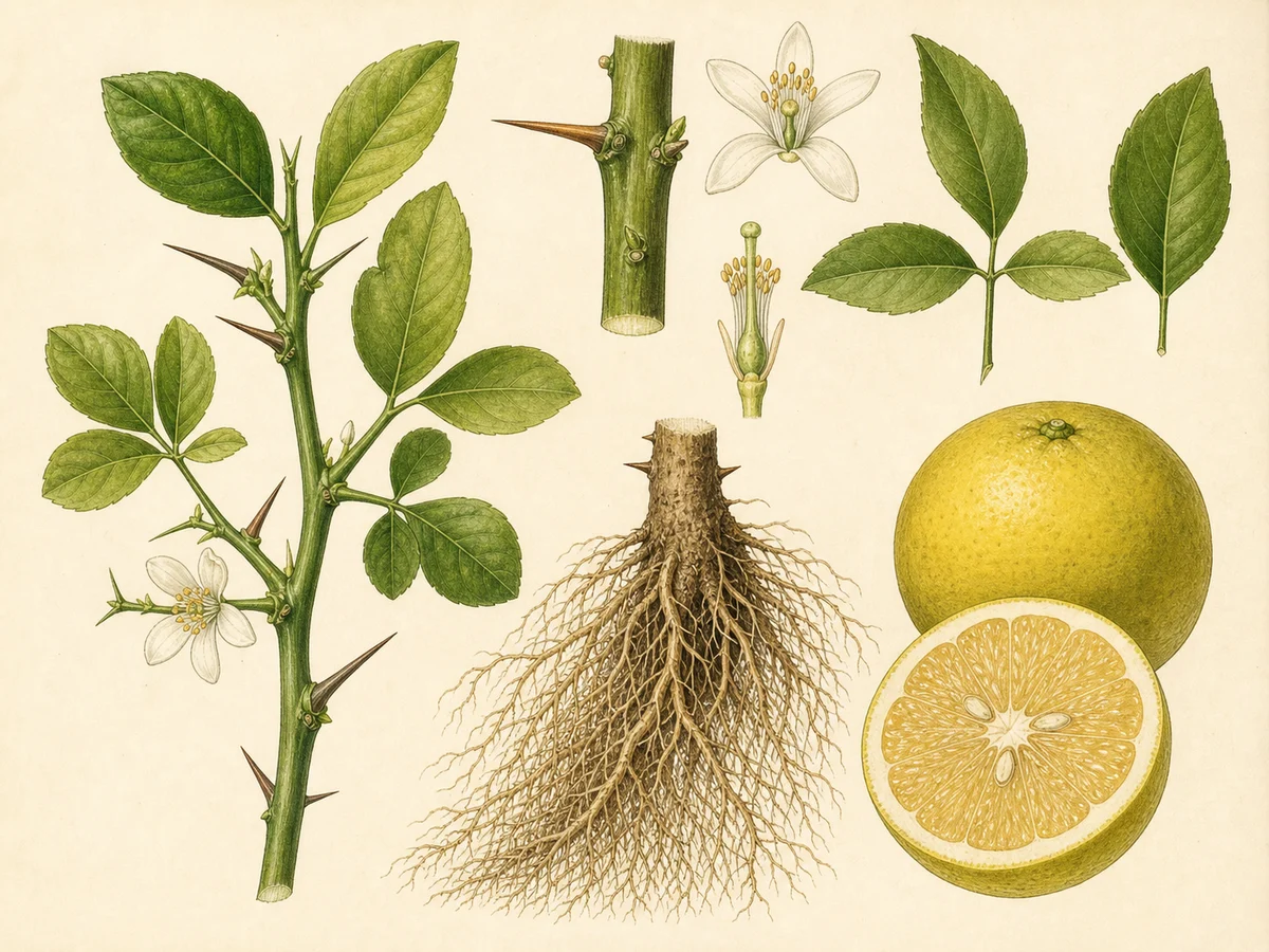 Prancha botânica complementar de Porta-enxerto citrumelo Swingle (Citrus paradisi × Poncirus trifoliata 'Swingle') com caracteres de identificação e ciclo de vida