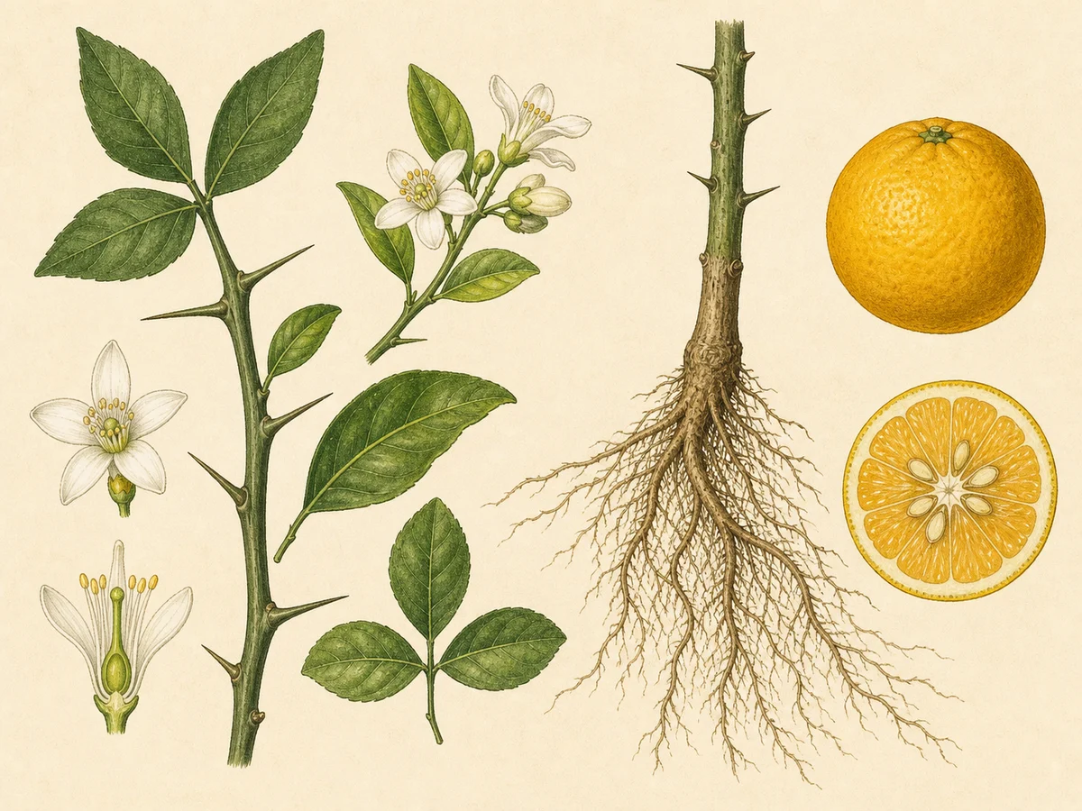 Prancha botânica complementar de Porta-enxerto citrange Troyer (Citrus sinensis × Poncirus trifoliata 'Troyer') com caracteres de identificação e ciclo de vida