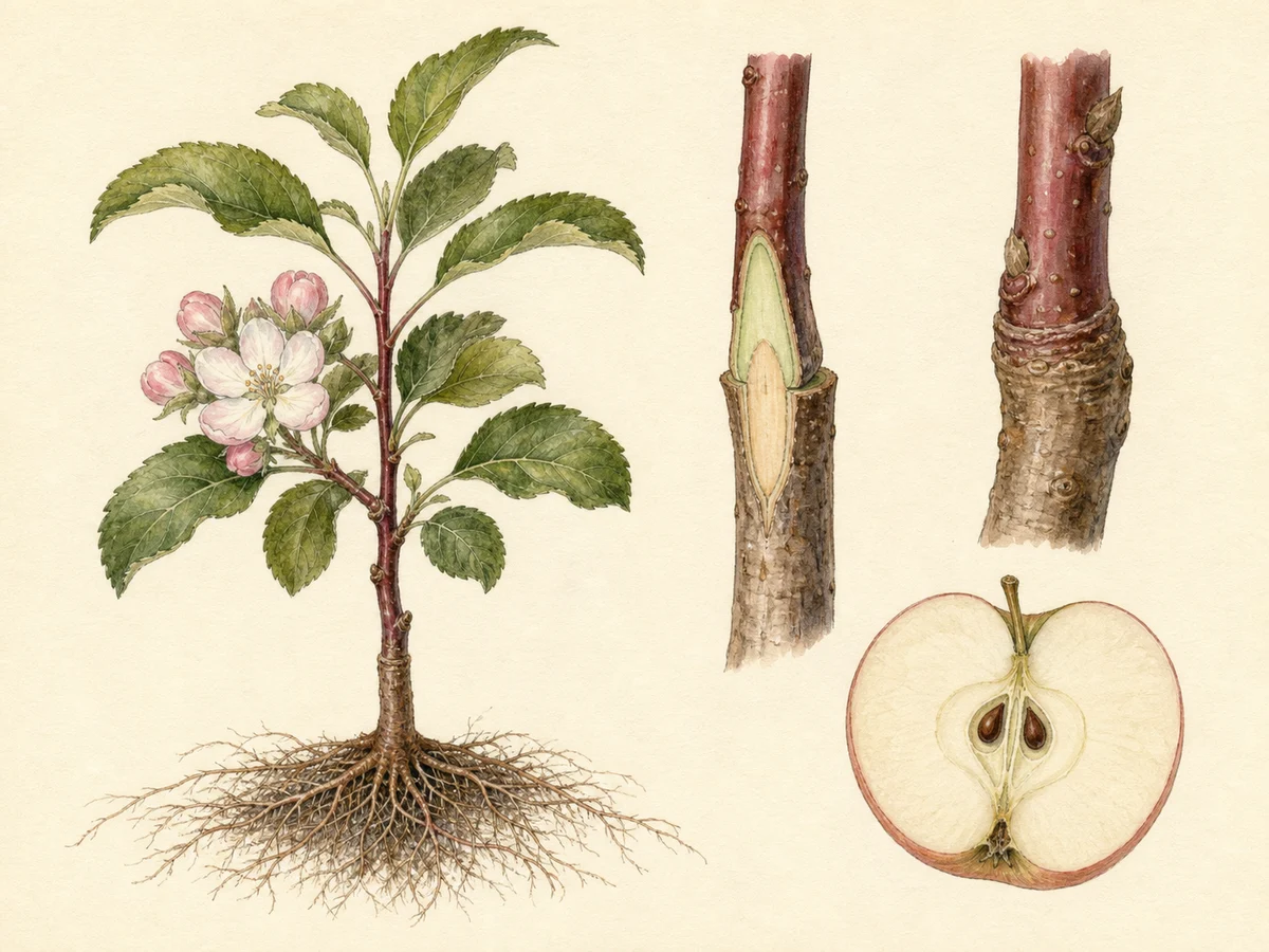 Prancha botânica complementar de Porta-enxerto de macieira B.9 (Malus domestica 'Budagovsky 9') com caracteres de identificação e ciclo de vida