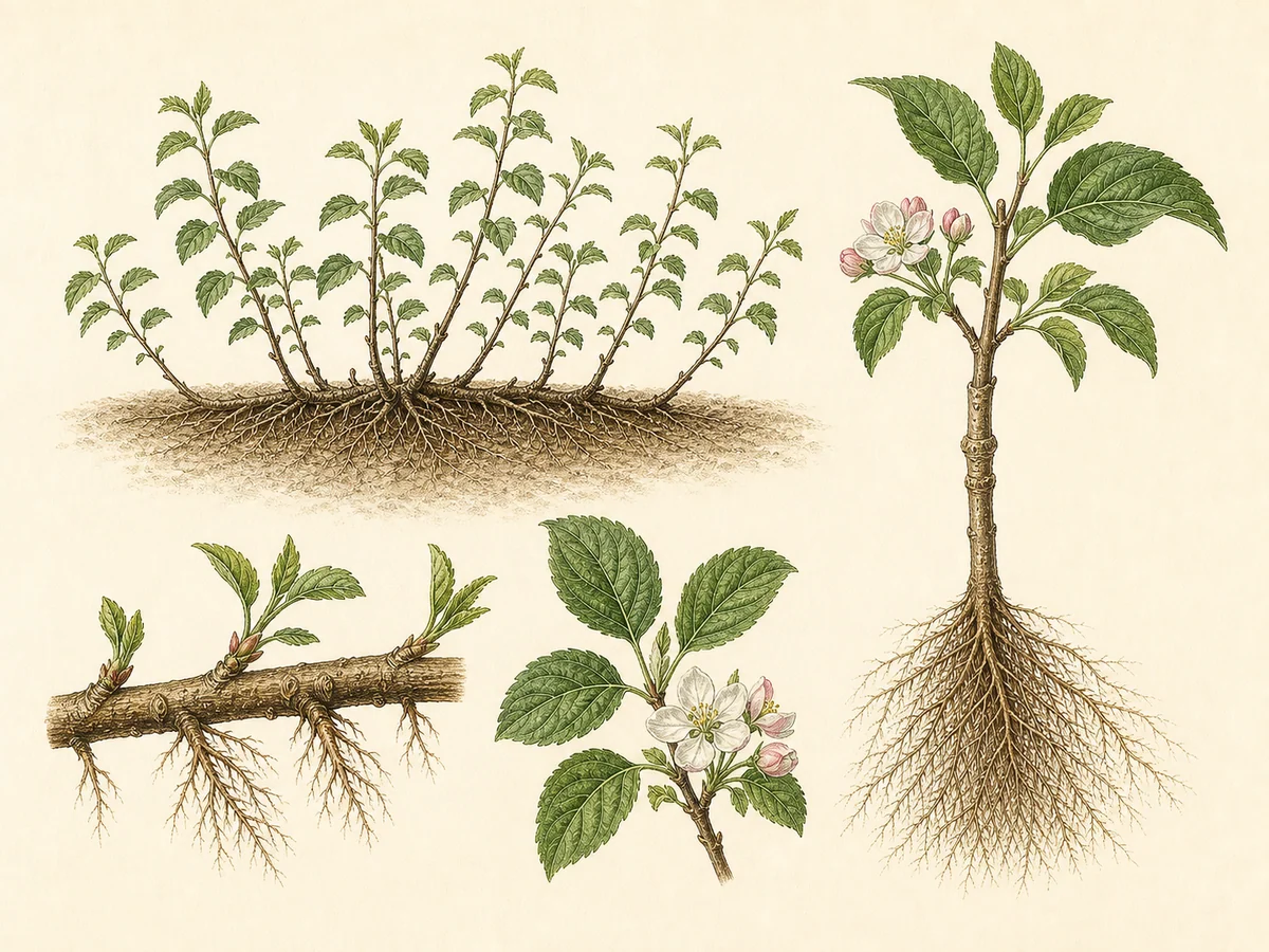 Prancha botânica complementar de Porta-enxerto de macieira Geneva G.11 (Malus 'Geneva G.11') com caracteres de identificação e ciclo de vida