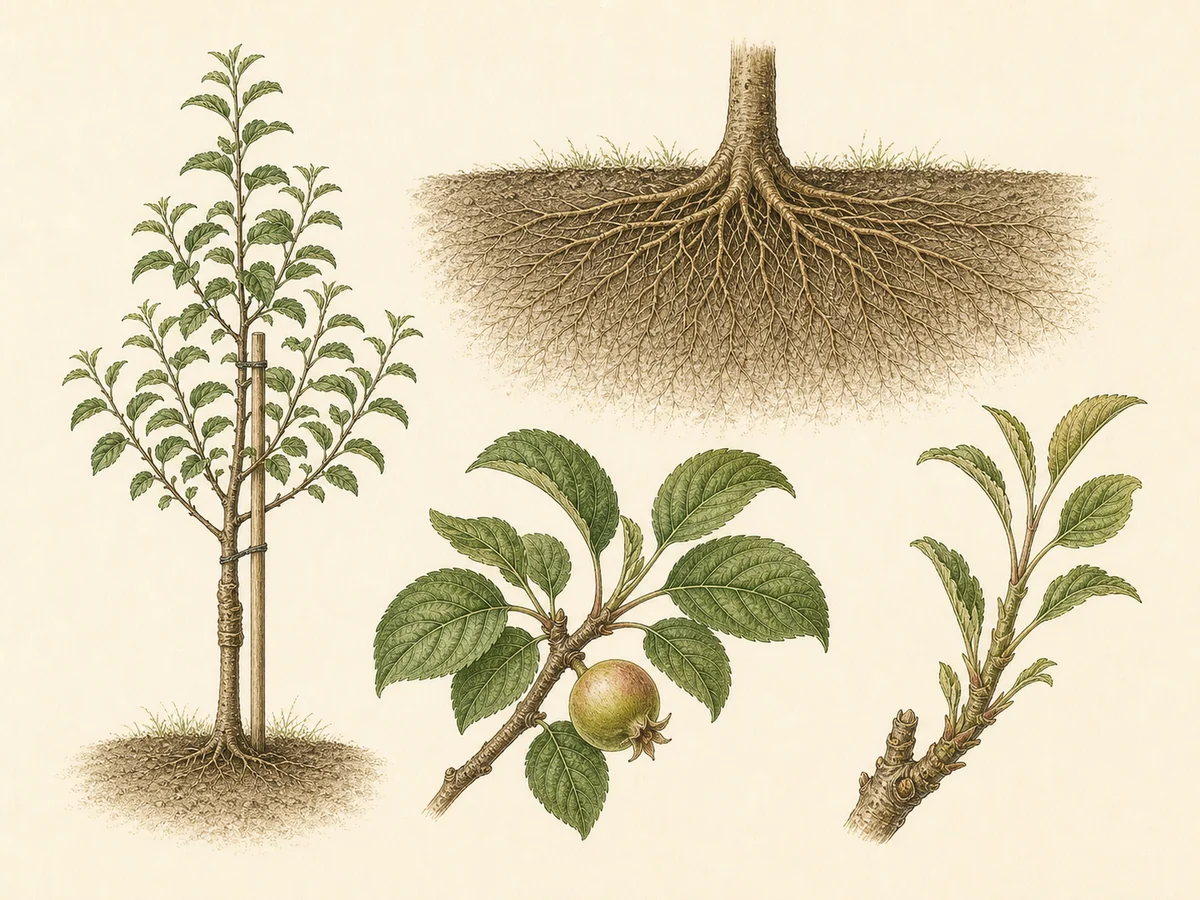 Prancha botânica complementar de Porta-enxerto de macieira M.26 (Malus domestica 'M.26') com caracteres de identificação e ciclo de vida
