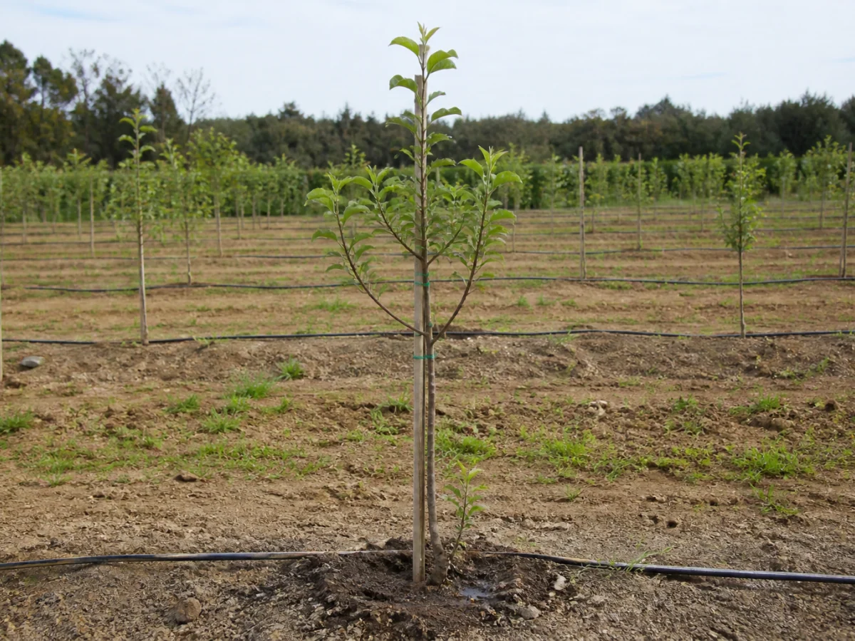 Prancha botânica complementar de Porta-enxerto de macieira M.27 (Malus domestica 'M.27') com caracteres de identificação e ciclo de vida