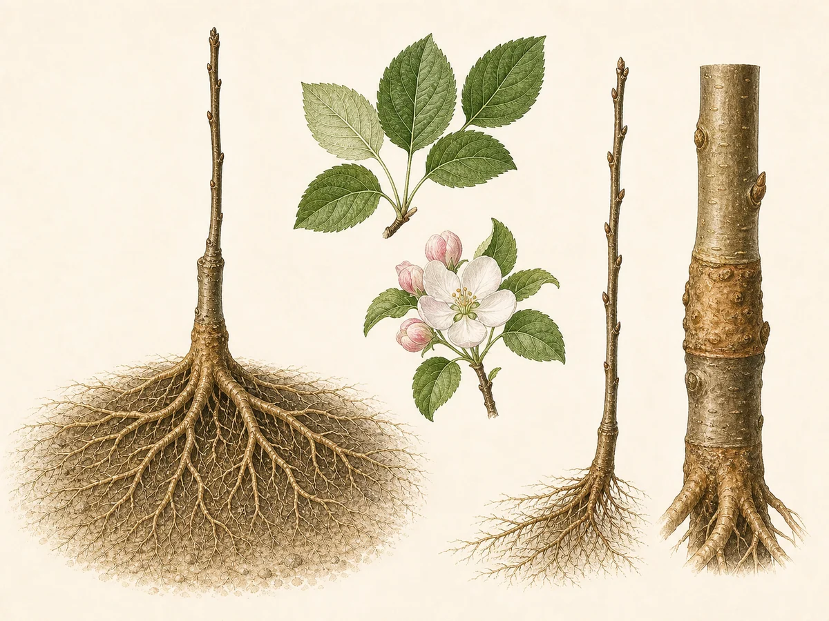 Prancha botânica complementar de Porta-enxerto de macieira MM.106 (Malus 'M.M.106') com caracteres de identificação e ciclo de vida