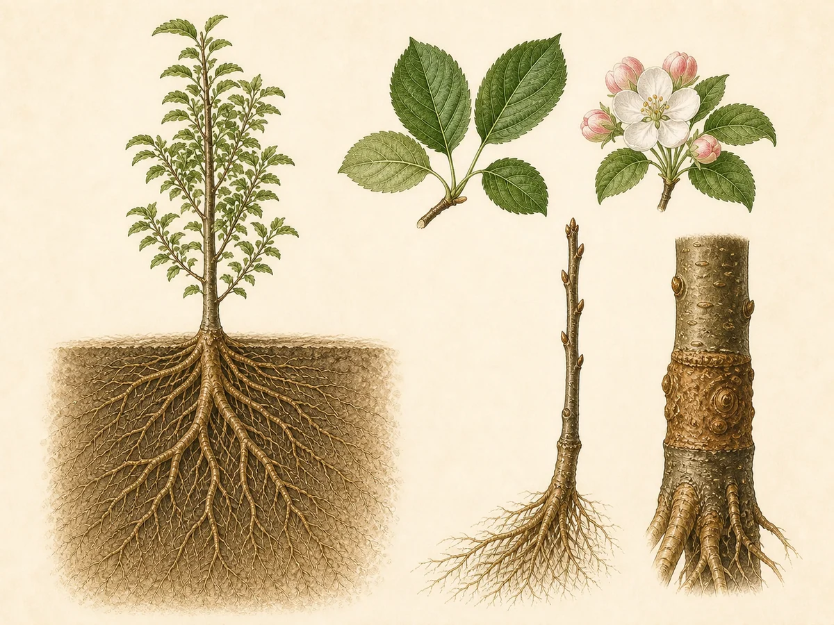 Prancha botânica complementar de Porta-enxerto de macieira MM.111 (Malus 'M.M.111') com caracteres de identificação e ciclo de vida