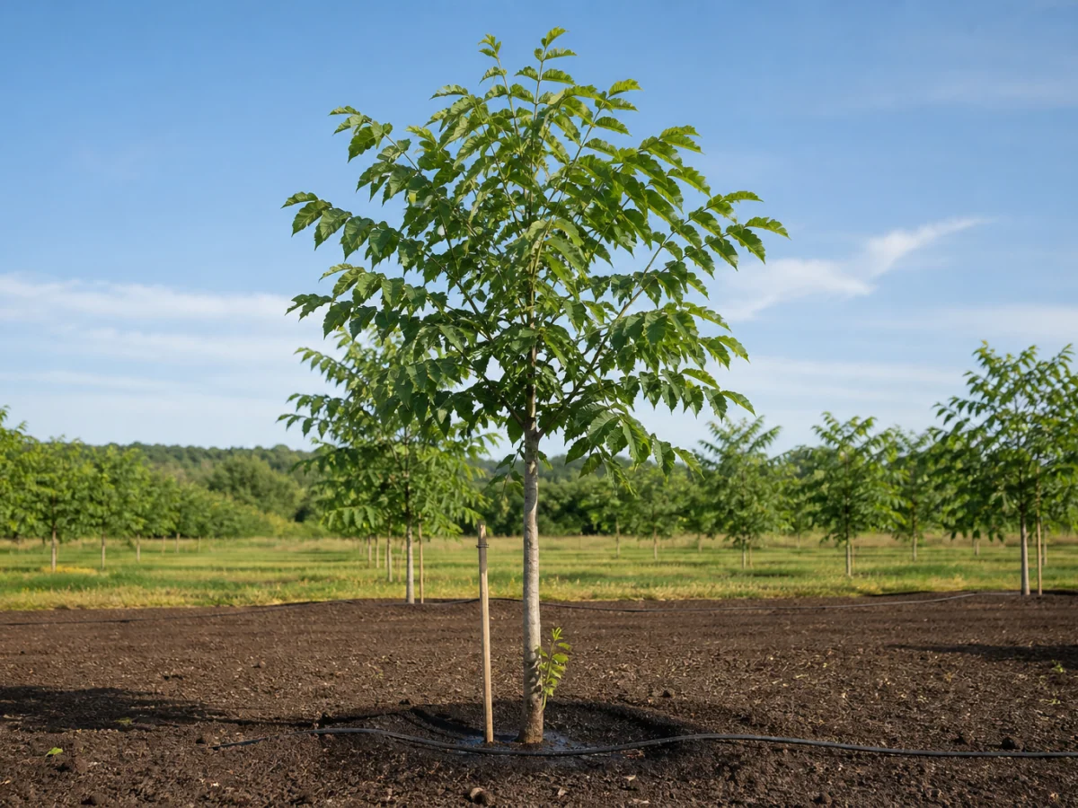 Prancha botânica complementar de Porta-enxerto Paradox (Juglans hindsii × Juglans regia 'Paradox') com caracteres de identificação e ciclo de vida