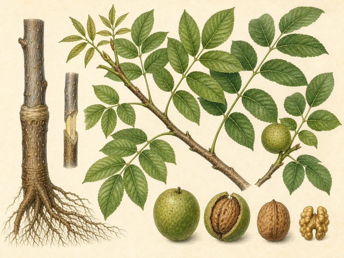 Prancha botânica complementar de Porta-enxerto Vlach (Juglans hindsii × Juglans regia 'Vlach') com caracteres de identificação e ciclo de vida