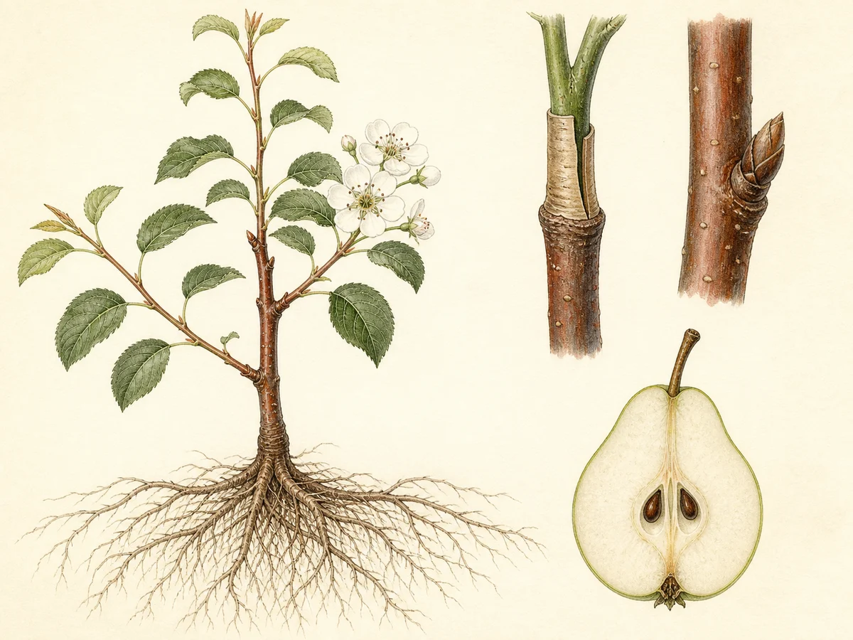 Prancha botânica complementar de Porta-enxerto de pereira OH×F 333 (Pyrus communis 'OH×F 333') com caracteres de identificação e ciclo de vida