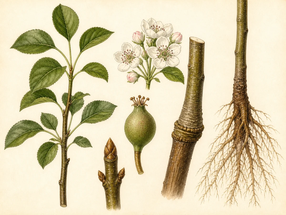 Prancha botânica complementar de Porta-enxerto de pereira OH×F 87 (Pyrus communis 'OH×F 87') com caracteres de identificação e ciclo de vida