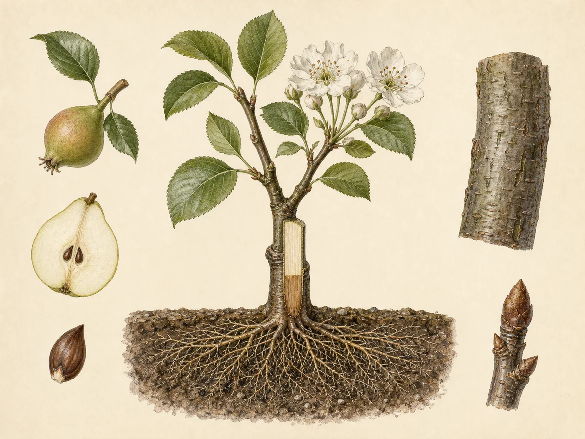 Prancha botânica complementar de Porta-enxerto de pereira Pyrodwarf (Pyrus communis 'Pyrodwarf') com caracteres de identificação e ciclo de vida