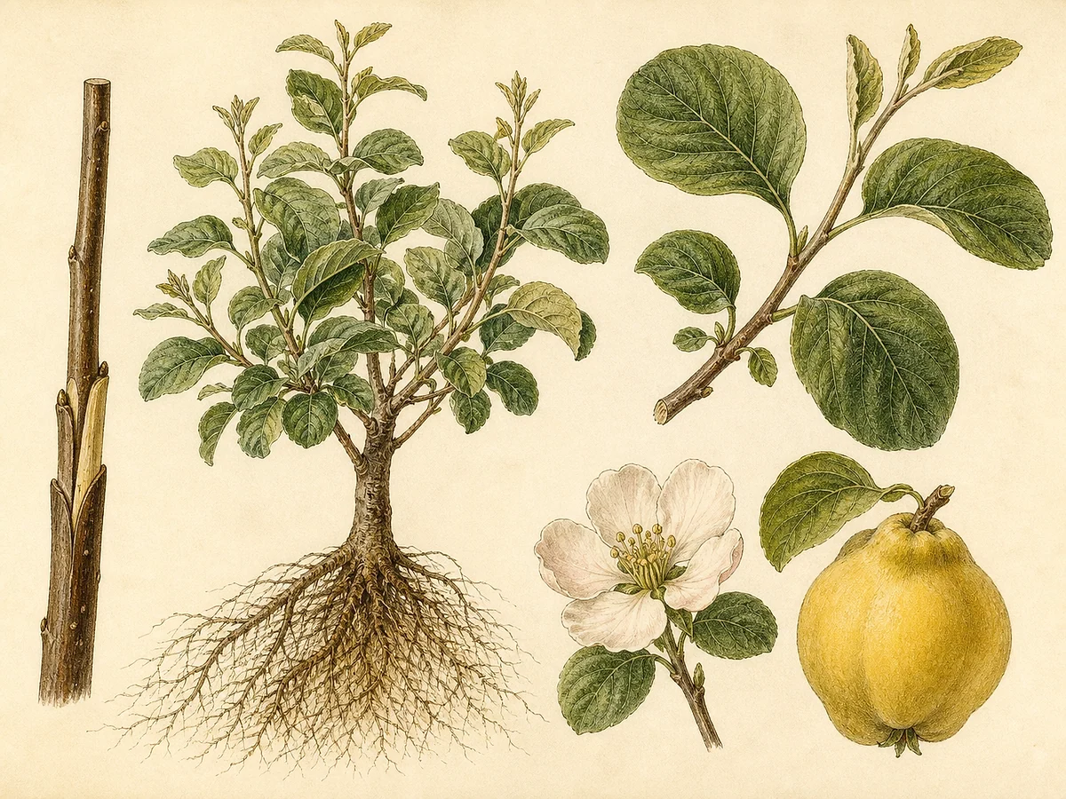 Prancha botânica complementar de Porta-enxerto de pereira Quince A (Cydonia oblonga 'Quince A') com caracteres de identificação e ciclo de vida
