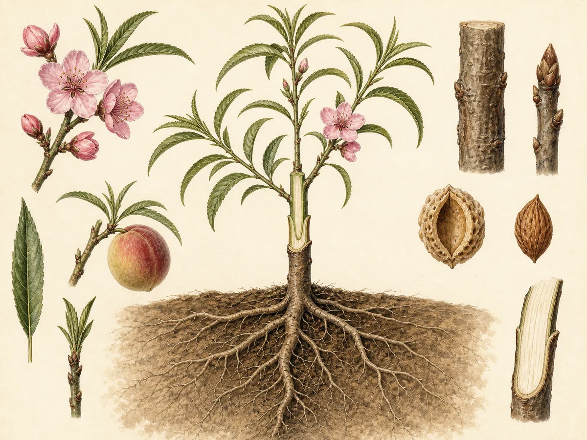Prancha botânica complementar de Porta-enxerto Cadaman (Prunus persica × Prunus davidiana 'Cadaman') com caracteres de identificação e ciclo de vida