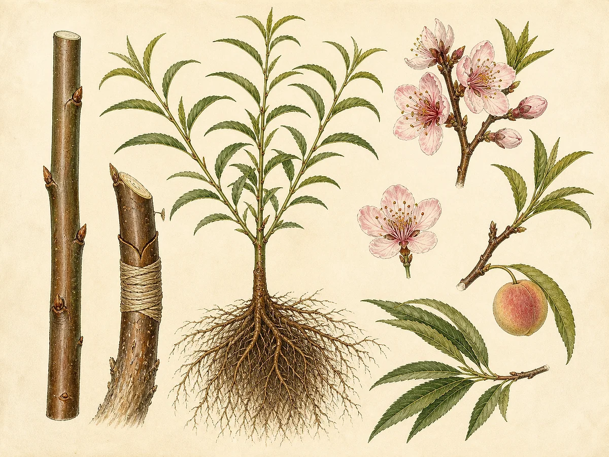 Prancha botânica complementar de Porta-enxerto Nemaguard (Prunus persica × Prunus davidiana 'Nemaguard') com caracteres de identificação e ciclo de vida