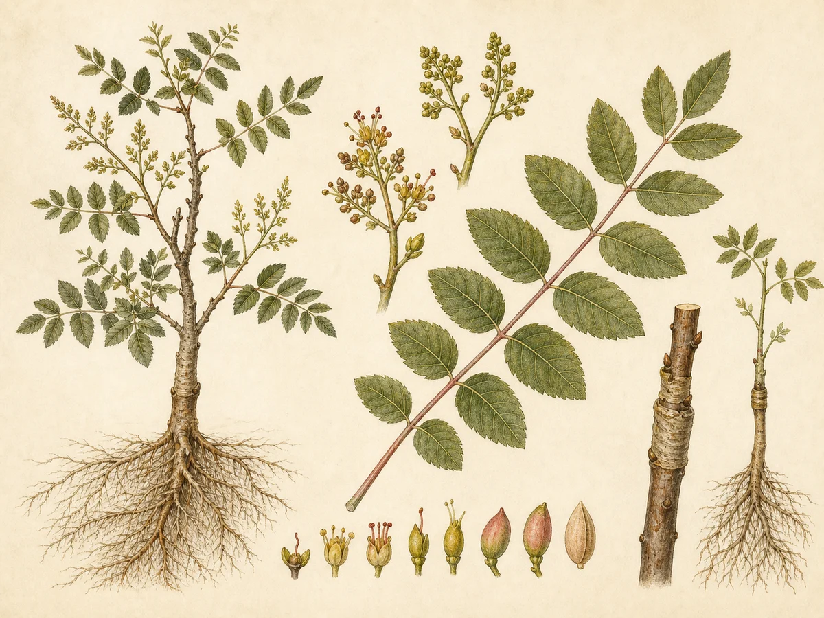 Prancha botânica complementar de Porta-enxerto Pistacia atlantica (Pistacia atlantica 'Porta-enxerto') com caracteres de identificação e ciclo de vida