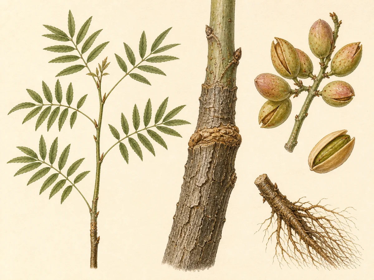 Prancha botânica complementar de Porta-enxerto UCB1 (Pistacia atlantica × Pistacia integerrima 'UCB1') com caracteres de identificação e ciclo de vida