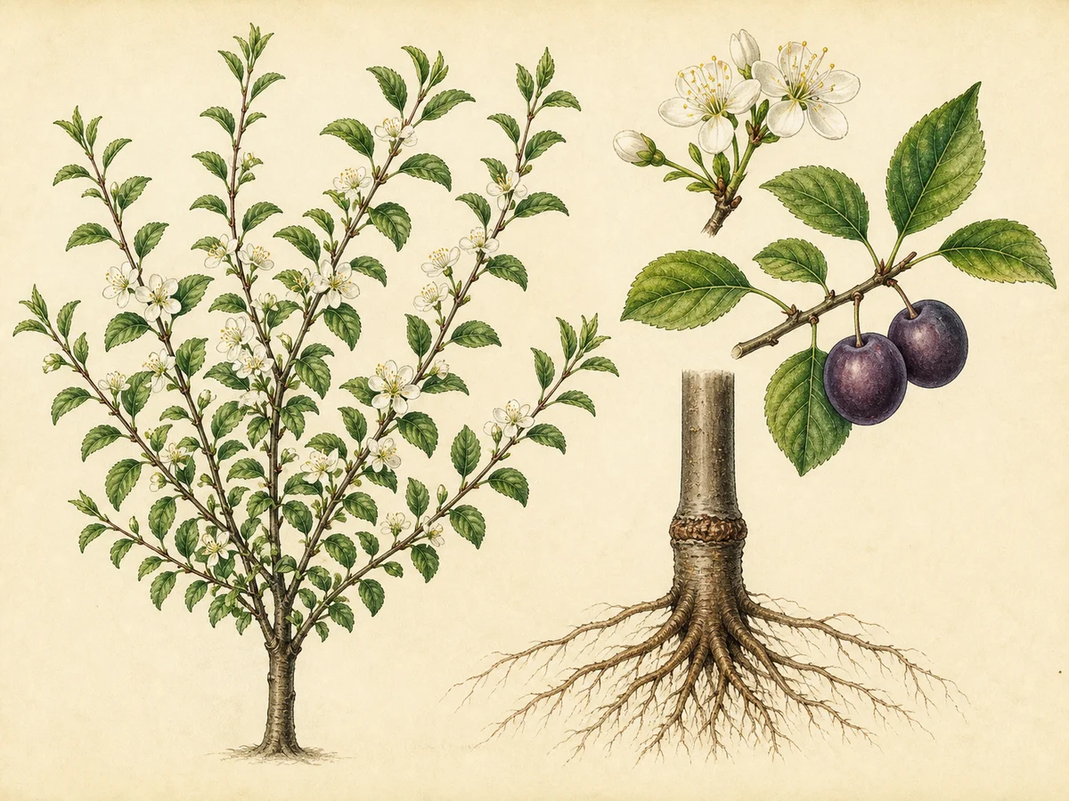 Prancha botânica complementar de Porta-enxerto Adesoto 101 (Prunus insititia 'Adesoto 101') com caracteres de identificação e ciclo de vida