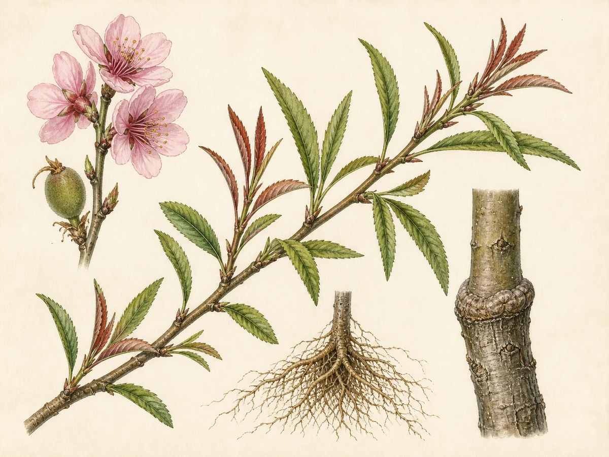 Prancha botânica complementar de Porta-enxerto Garnem (Prunus dulcis × Prunus persica 'Garnem') com caracteres de identificação e ciclo de vida