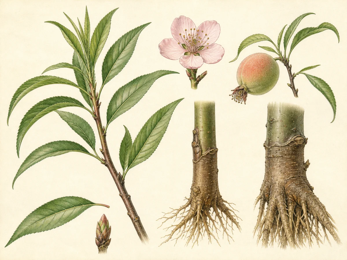 Prancha botânica complementar de Porta-enxerto GF 677 (Prunus persica × Prunus dulcis 'GF 677') com caracteres de identificação e ciclo de vida