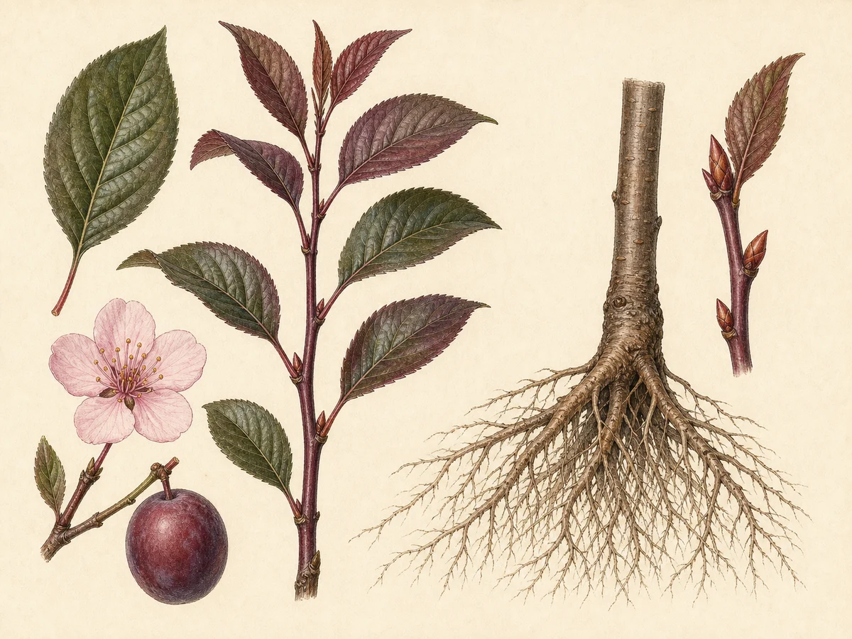 Prancha botânica complementar de Porta-enxerto Krymsk 86 (Prunus cerasifera × Prunus persica 'Krymsk 86') com caracteres de identificação e ciclo de vida