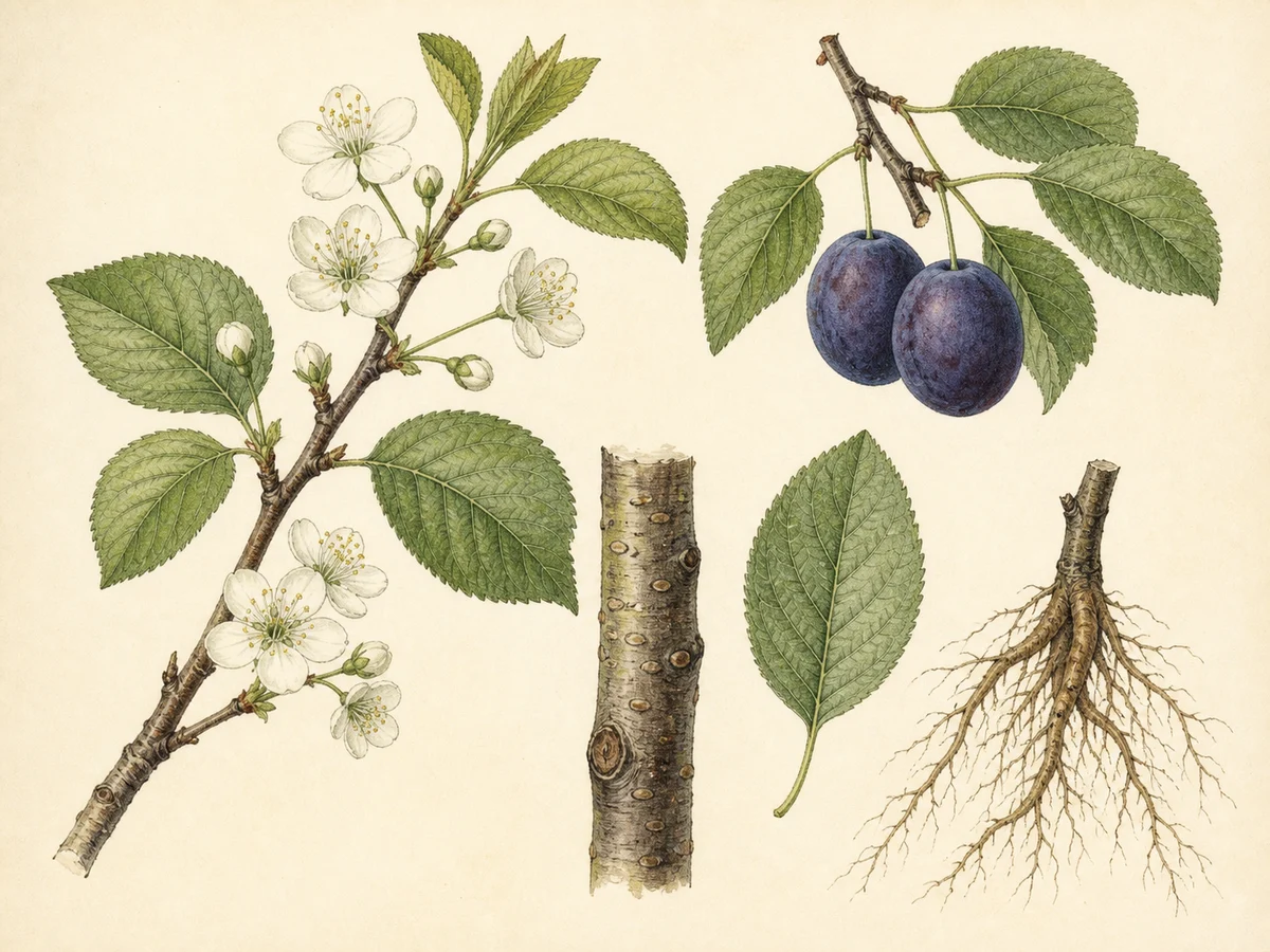 Prancha botânica complementar de Porta-enxerto Penta (Prunus domestica 'Penta') com caracteres de identificação e ciclo de vida