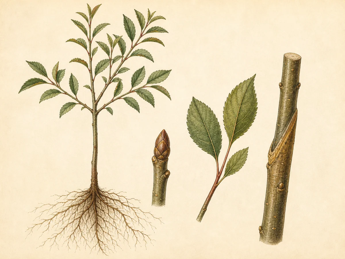 Prancha botânica complementar de Porta-enxerto Rootpac R (Prunus dulcis × Prunus cerasifera 'Rootpac R') com caracteres de identificação e ciclo de vida